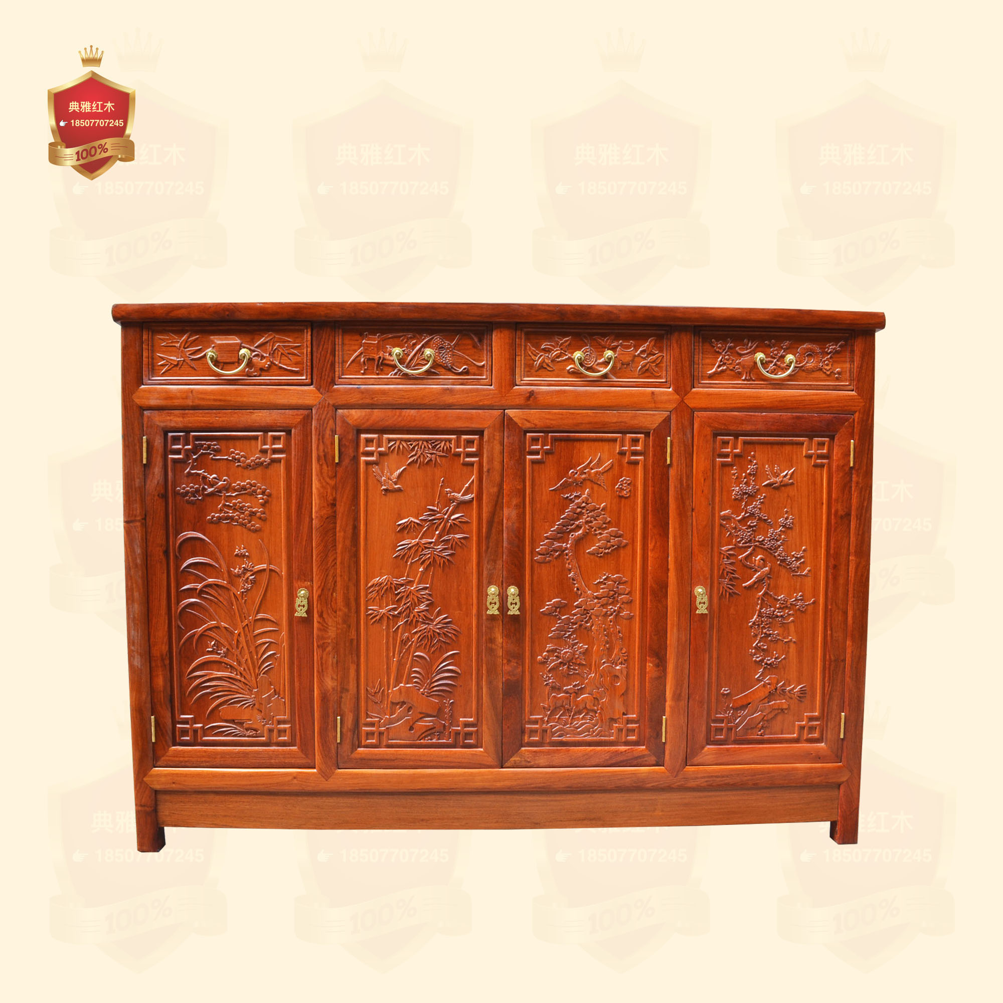 红木家具缅甸花梨木鞋柜精雕四门鞋柜储物柜大果紫檀鞋柜储物柜