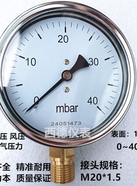 100mm径向0~40mbar膜盒微压表 毫巴气压表 燃气压力表 风压表