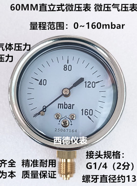 60MM直立式0~160mbar压力表 毫巴微压表 毫巴气压表  燃气压力表