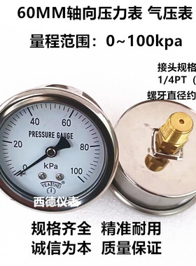 60MM背式0-100KPA压力表,0-100KPA(千帕)压力表,轴向压力表气压表