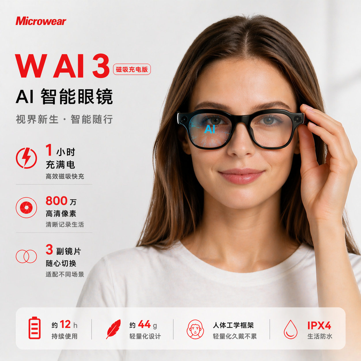 AI智能眼镜拍蓝牙通话翻译大模型800万像素3副镜片磁吸充电