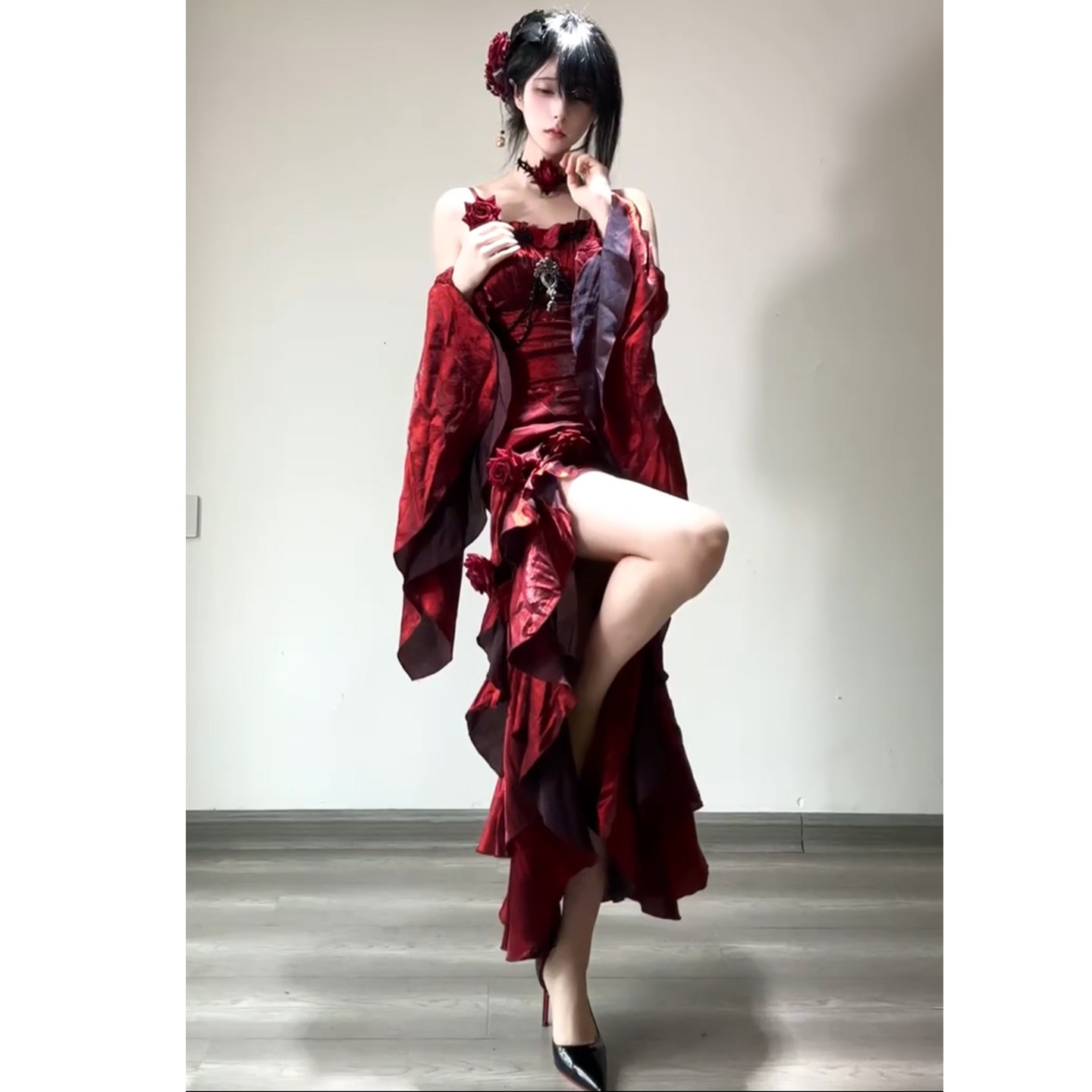 红色玫瑰鱼尾裙lolita洛丽塔优雅