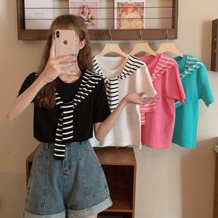 白色短袖t恤女ins潮韩版宽松学院风披肩条纹海军领假两件女上衣夏