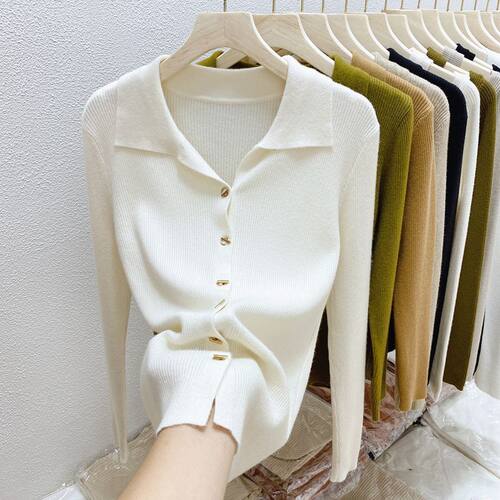 polo领针织开衫女长袖春季新款纯色外搭翻领毛衣外套薄款洋气上衣
