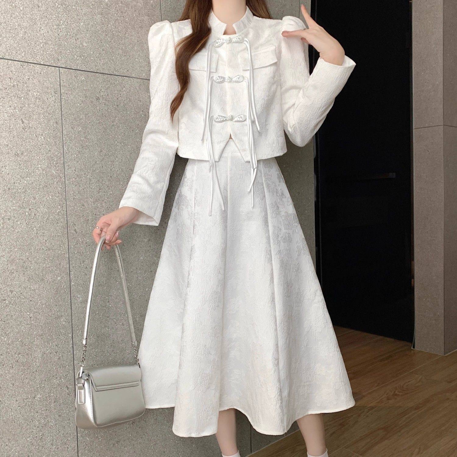 大码新中式禅意提花盘扣衬衫女国风上衣春季设计感胖mm半身裙套装