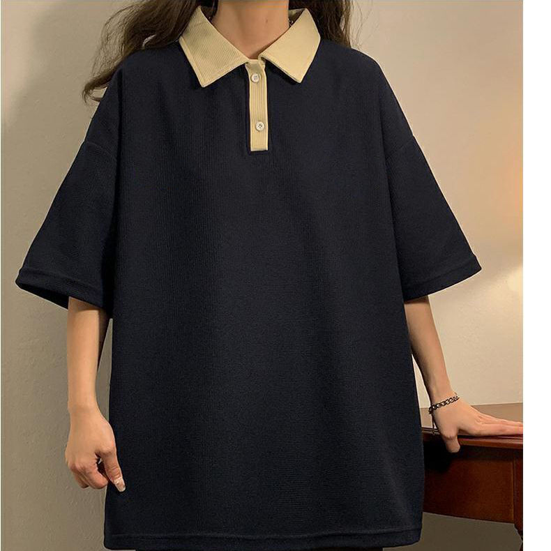 清仓特价polo领复古华夫格上衣高级感简约短袖T恤女韩版慵懒风潮