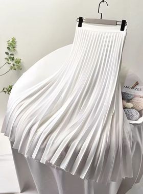 小香风时尚高腰垂感A字百褶裙女2025夏季新款百搭显瘦遮肉半身裙