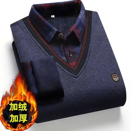 加绒加厚冬季针织上衣新款中老年套头毛衣男士衬衫领假两件打底衫
