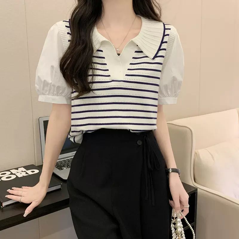 韩版修身Polo领条纹冰丝针织衫女夏设计感小众学院风泡泡袖上衣薄