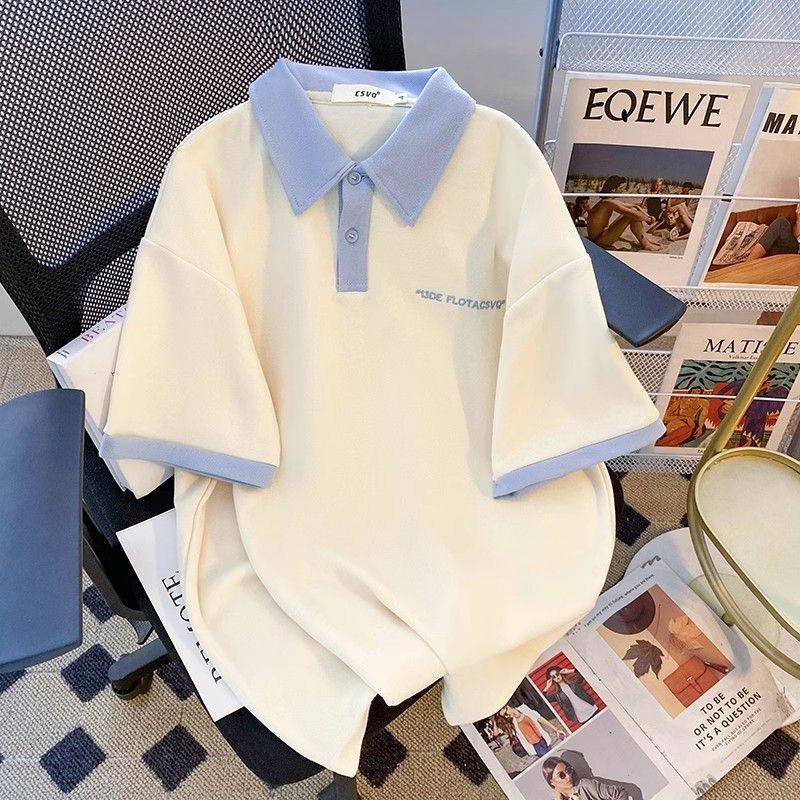 蓝色字母POLO领短袖t恤男女夏季新款学院风撞色宽松简约休闲上衣