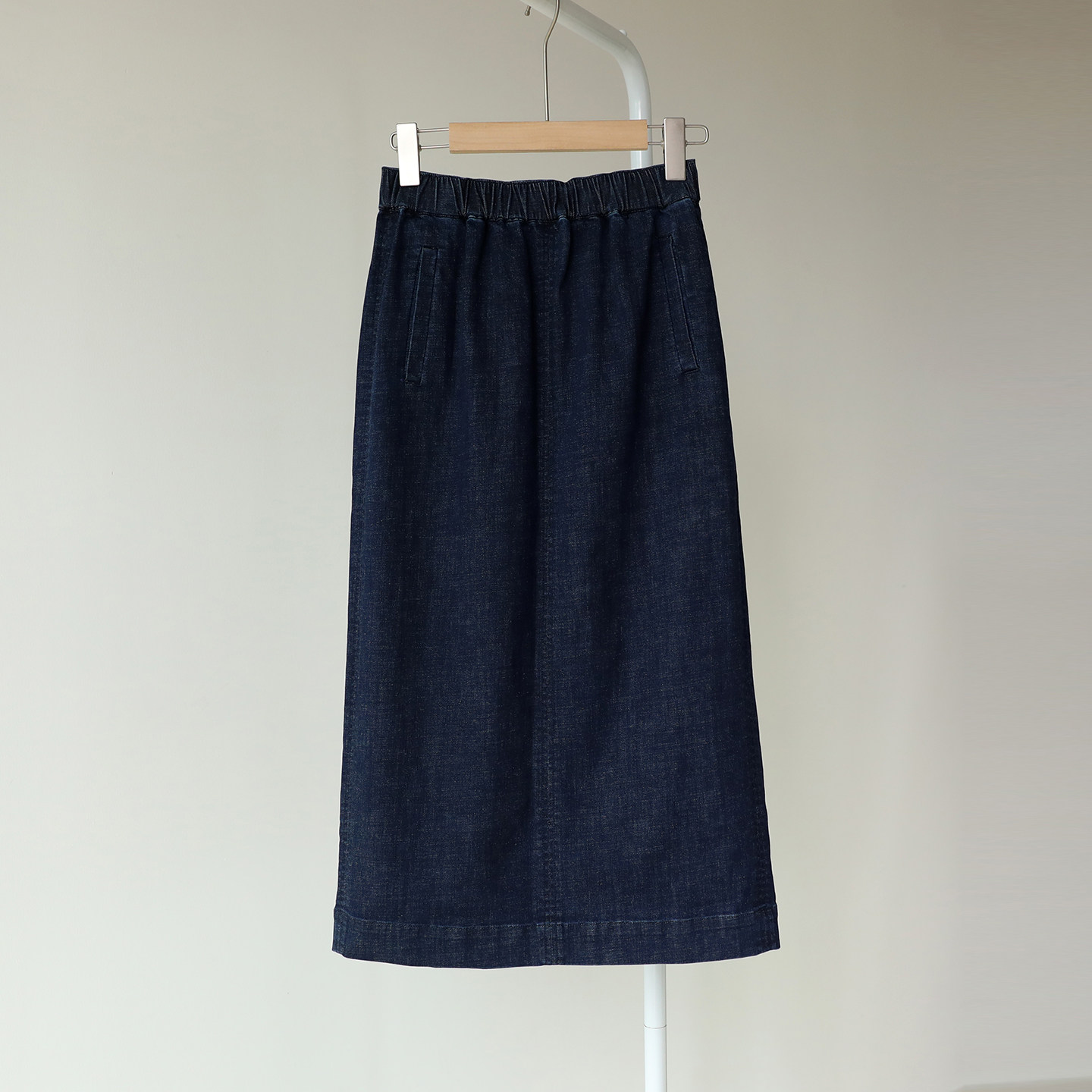 简约好搭~松紧腰插兜开叉中长款水洗牛仔半身裙一步裙女夏新款