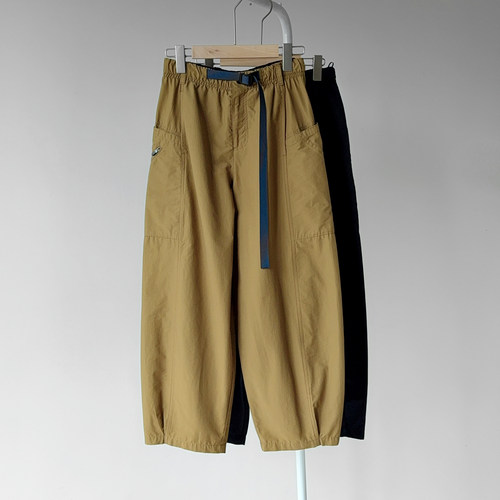 隐格纹棉质 飘带松紧腰拉链贴袋 薄款9分休闲裤弯刀裤女春夏新款