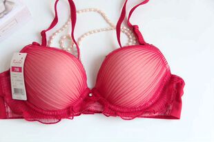 韩系风琴褶皱蕾丝网纱后背无痕酒红色双排扣性感文胸80A 包邮