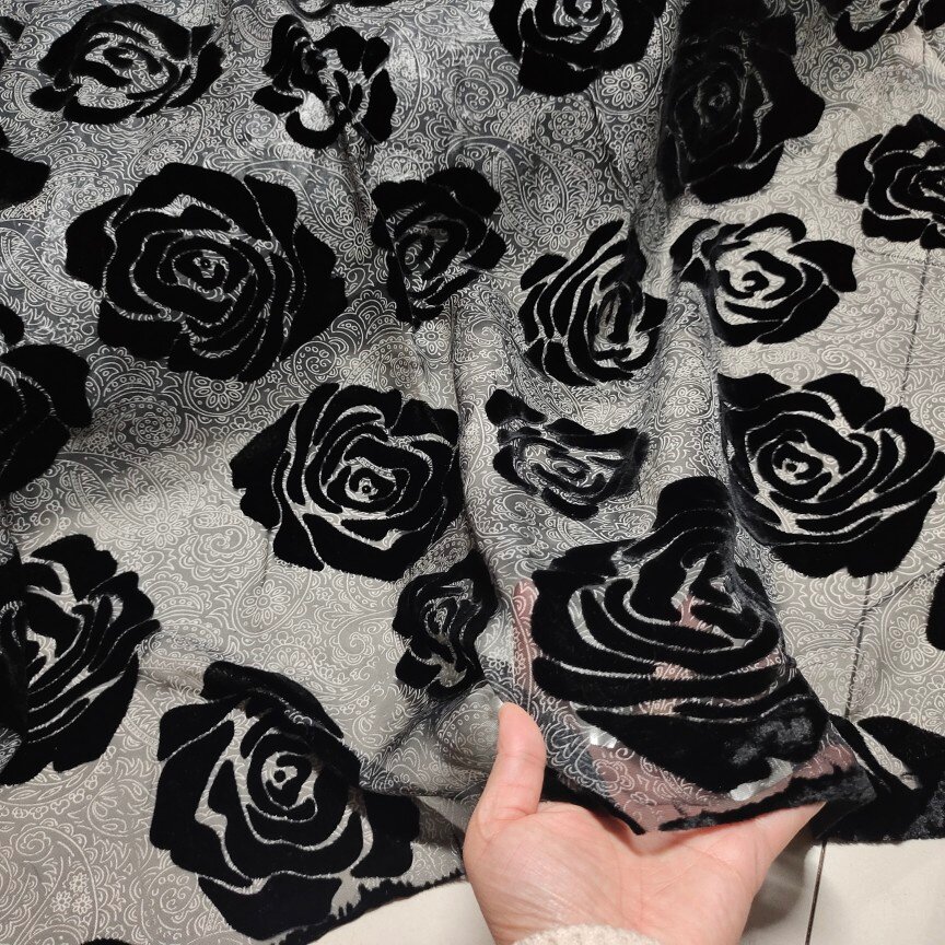 春夏真丝底布镂空桑蚕丝黑玫瑰真丝绒植绒布料衬衣旗袍连衣裙面料