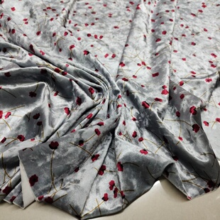 弹力浅灰酒红小花数码印花弹力钻石金丝绒旗袍连衣裙上衣服装面料