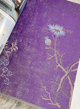 美式田园紫色大花背景墙无缝墙布高精密蓝色墨绿色花朵提花壁布WS