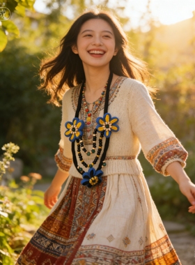 原创复古项链苗族气质项链民族风刺绣花朵项链铃铛毛衣链脖链饰品