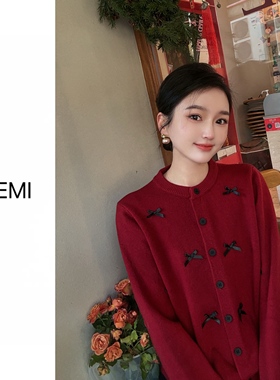 MISS RUILI 定制 冬季韩系甜美蝴蝶结圆领单排扣百搭毛衣F1510