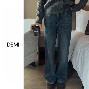 高腰休闲宽松直筒加绒牛仔裤 MISS 韩版 定制 F1558 RUILI