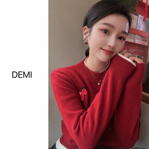 MISS RUILI 定制 韩系慵懒风立体刺绣小马圆领套头毛衣F1424