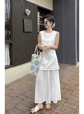 MISS RUILI 定制 2025新款显瘦圆领无袖连衣裙假俩件长裙F0505