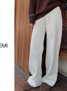 MISS RUILI 定制韩版复古简约口袋高腰显瘦加厚绒直筒裤女F1371