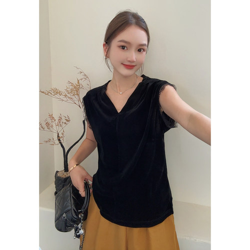 MISS RUILI定制   新款韩版通勤风V领蕾丝拼接短袖显瘦上衣F2384