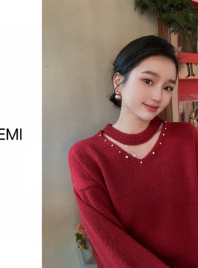 MISS RUILI 定制 冬季新款韩版镂空挂脖镶钻针织衫时髦毛衣F1511