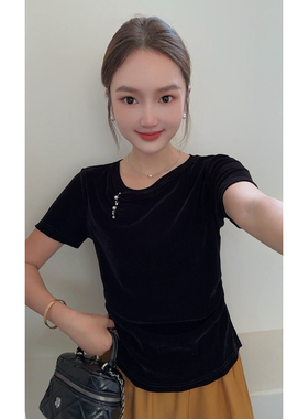 MISS RUILI定制   新款轻薄露肩丝绒简约修身显瘦钉珠短袖F2399