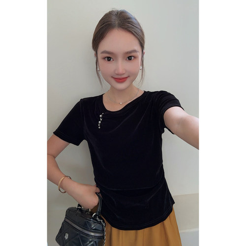 MISS RUILI定制   新款轻薄露肩丝绒简约修身显瘦钉珠短袖F2399