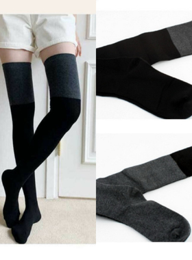 韩国进口高筒女袜过膝拼接撞色长筒袜子黑色灰色