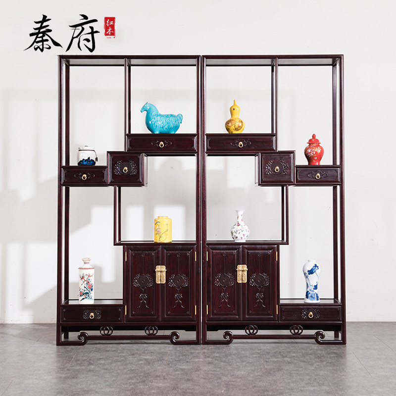 秦府红木家具博古架赞比亚血檀实木多宝阁古董架展示柜客厅茶叶架