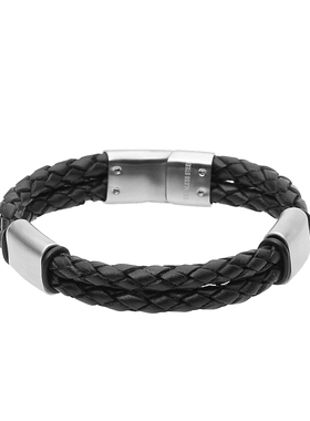 英国进口fredbennett男士饰品编织双层黑色休闲钛钢皮质手链B4373