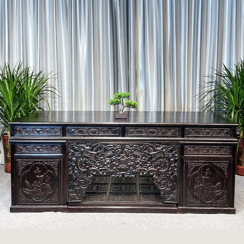 新中式邵氏紫檀办公桌红花梨全实木书桌原木老板台古代雕花写字台