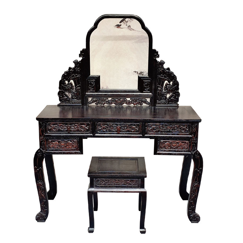 新中式邵氏紫檀梳妆台红花梨实木凳子仿古雕花化妆桌台卧室无辅料
