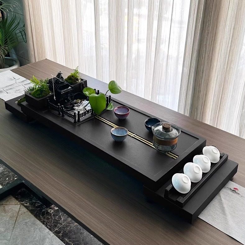 创意乌金石茶盘桌面家用流水养鱼茶台石板功夫茶具石头茶海黑石材
