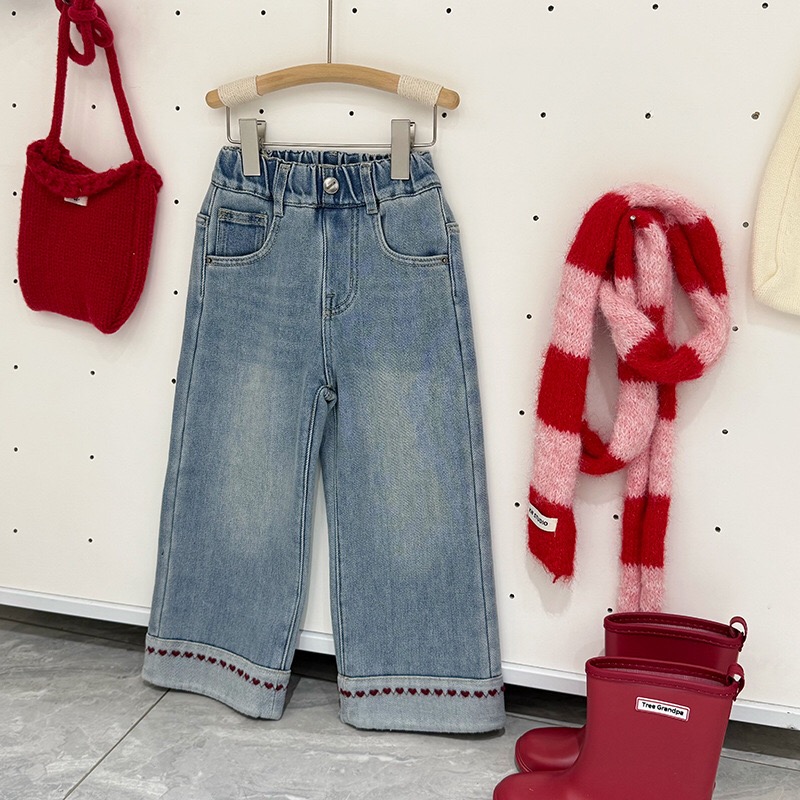 豆妞IAMDOU 90-160码秋冬儿童加绒牛仔裤女童直筒裤阔腿裤休闲裤