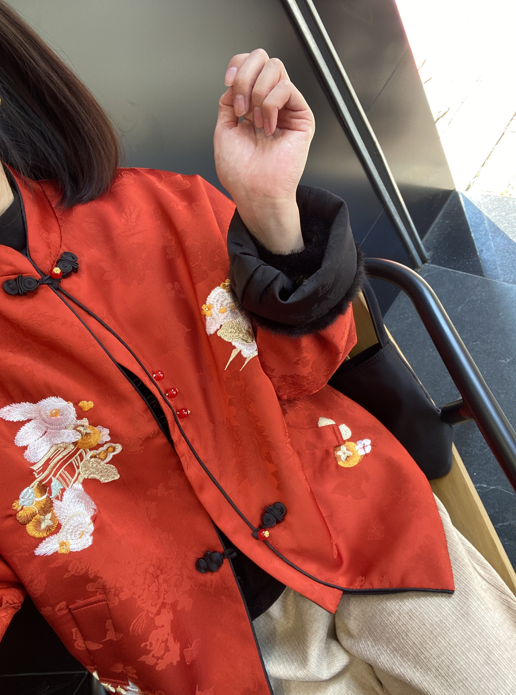 豆妞IAMDOU新年红色唐装女士拜年服新中式刺绣夹棉外套两面穿棉服