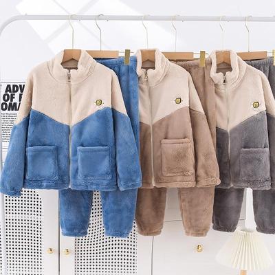 珊瑚绒儿童睡衣秋冬季加绒加厚男童开衫套头法兰绒家居服套装