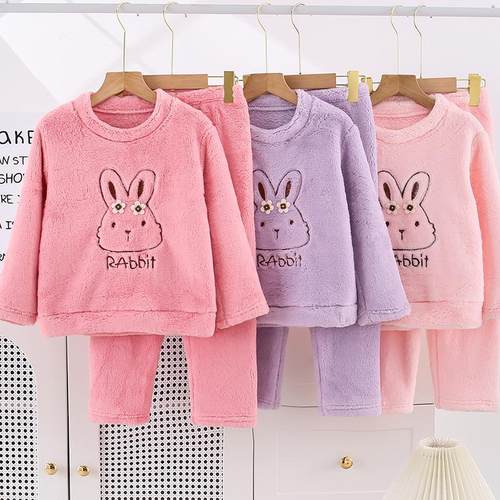 秋冬季新款儿童珊瑚绒睡衣套装女童女孩加绒加厚法兰绒家居服