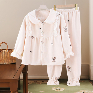 女童珊瑚绒睡衣套装秋冬女孩加厚法兰绒中大童翻领开衫家居服