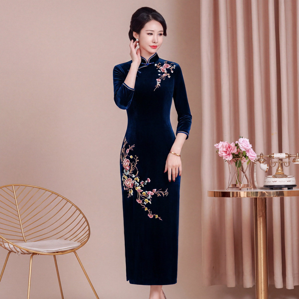 135长刺绣钉珠修身改良丝绒旗袍结婚喜婆婆妈妈敬酒服长款大码5XL