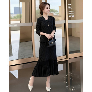时尚气质妈妈装高端两件套装裙女春装新款背心裙+上衣褶皱连衣裙