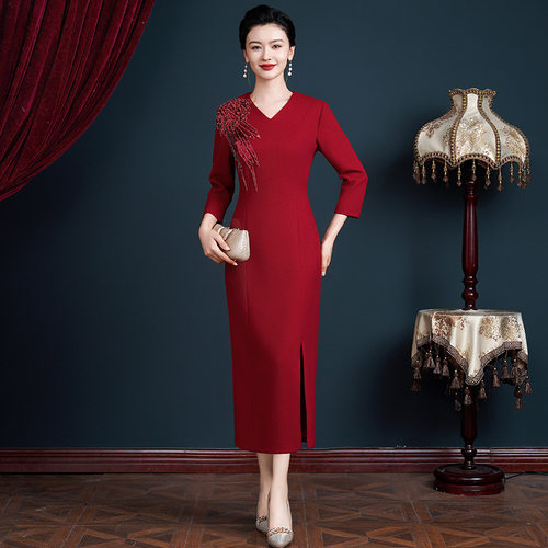 妈妈婚宴礼服连衣裙红色