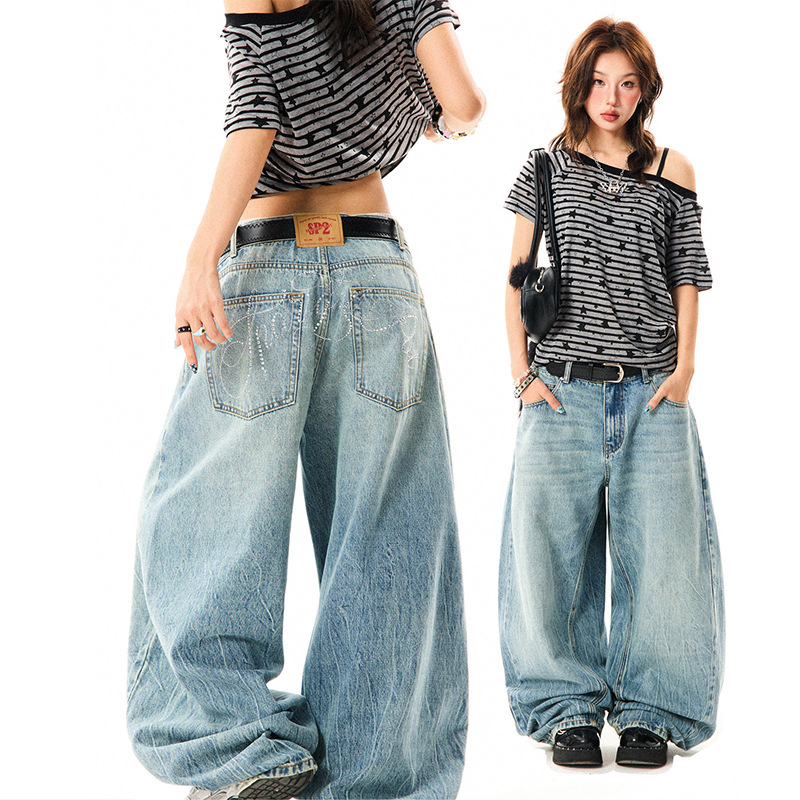 YOUNG STAGE美式复古烫钻裂纹牛仔裤女高级感宽松显瘦百搭阔腿男