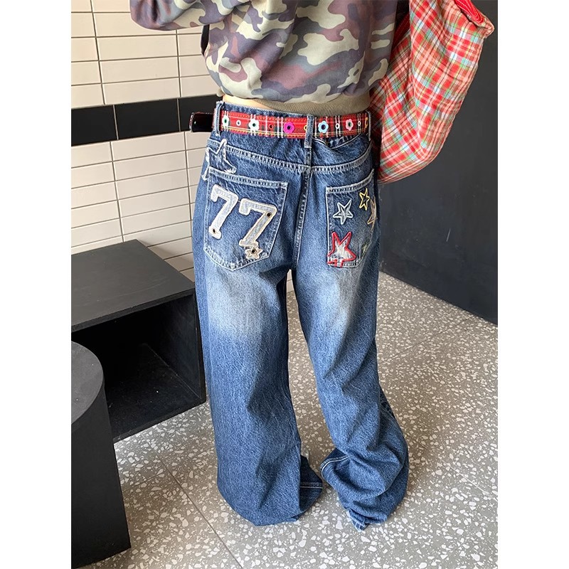 EAHO 美式覆古星星字母布贴刺绣牛仔裤男女宽松休闲百搭直筒长裤