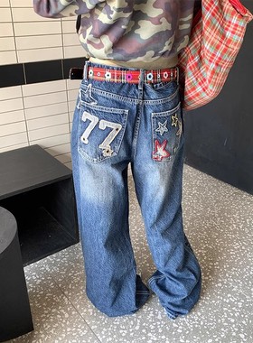 EAHO 美式覆古星星字母布贴刺绣牛仔裤男女宽松休闲百搭直筒长裤