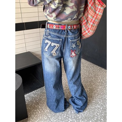 EAHO 美式覆古星星字母布贴刺绣牛仔裤男女宽松休闲百搭直筒长裤