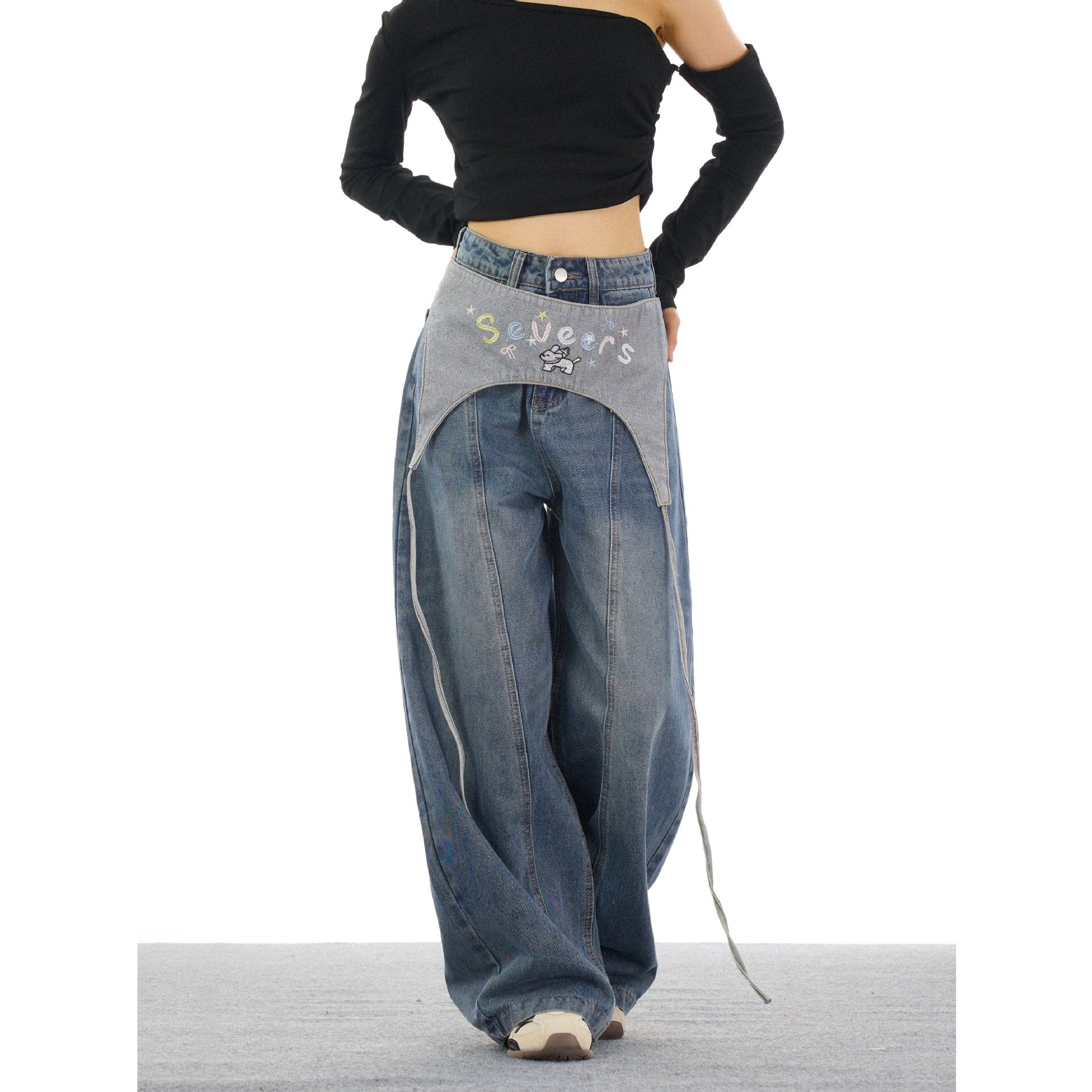 Prmr美国覆古性感有趣围裙假两件套叠略弯刀裤宽松系带牛仔裤男女