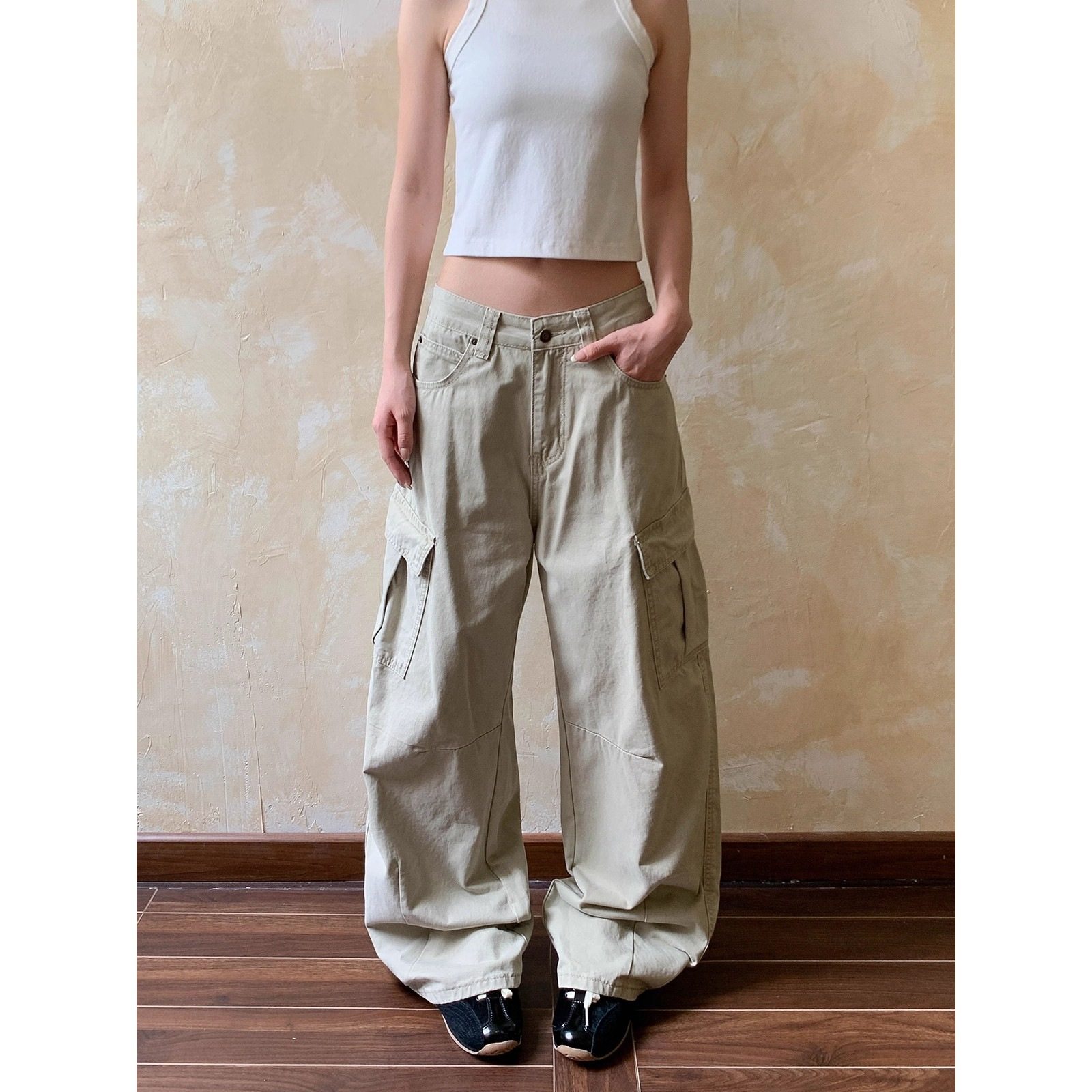 Apocket美式复古浅卡其多口袋工装裤女新款街头宽松直筒显瘦裤子